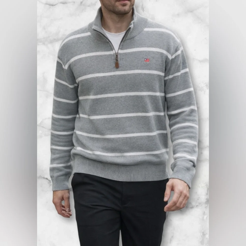 Vintage Polo Ralph Lauren Gray White Stripe 1/4 Zip Sweater Flag Logo Size XXL